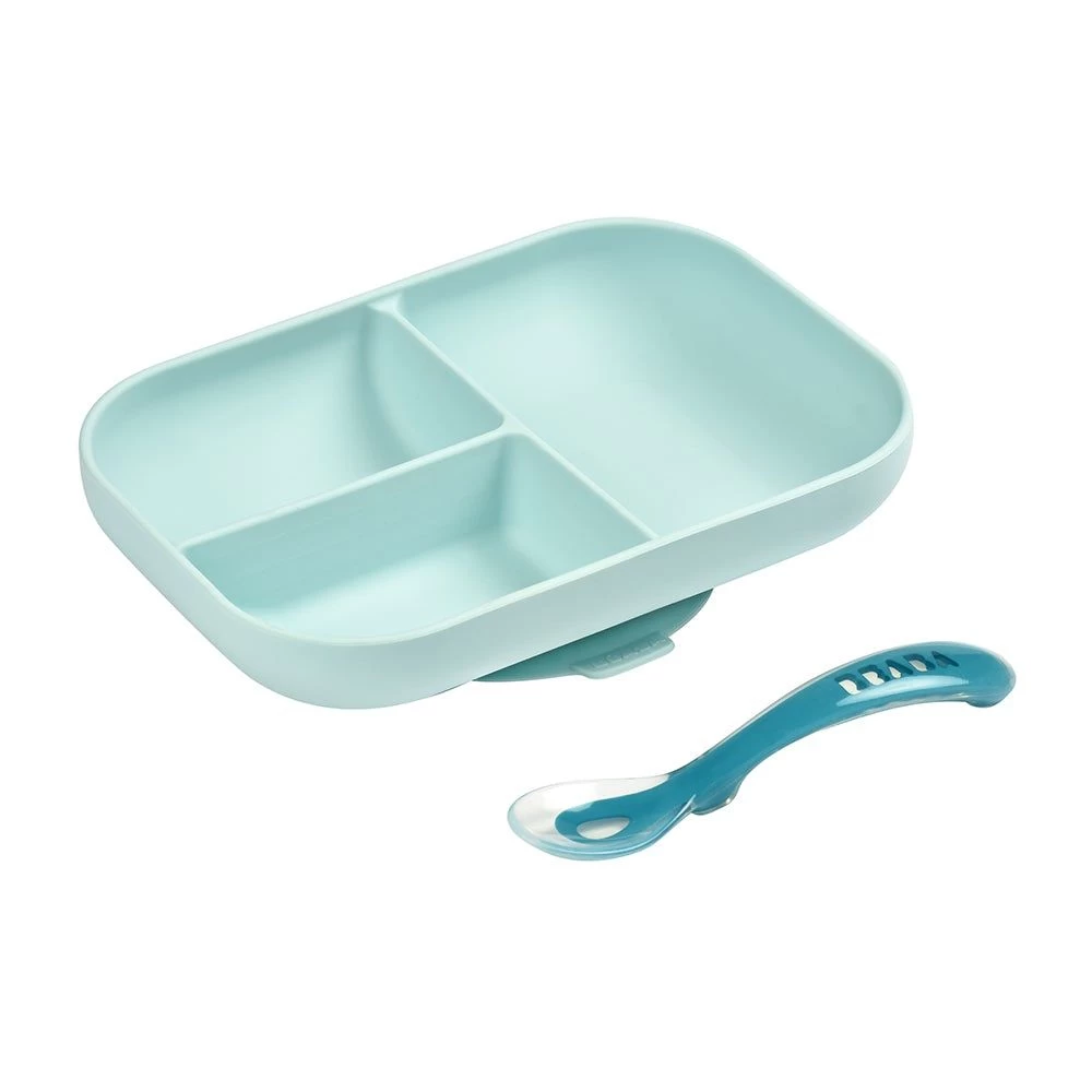 Beaba Silicone Divided Plate + 2nd Age Spoon (2 Colors) 3 Beaba Silicone Divided Plate + 2nd Age Spoon (2 Colors)