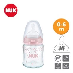 NUK Premium Choice 120ml Glass Feeding Bottle With Silicone Teats 0-6M (2 Colors) -Baby Product nuk premium choice 120ml glass bottle pink 1